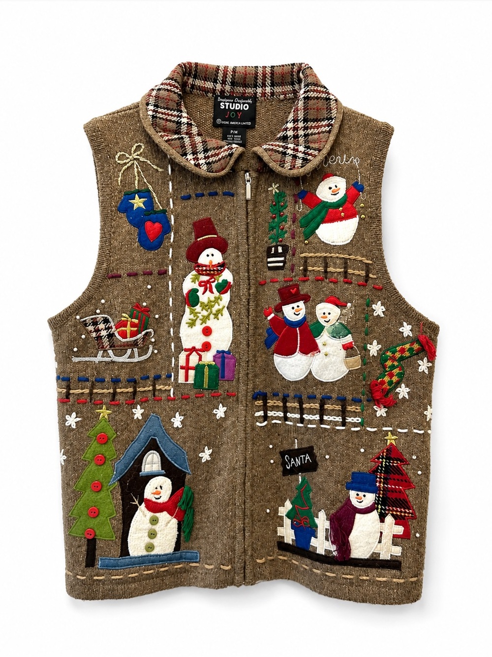 Vintage  Studio Joy Christmas Ugly Sweater Vest petite M Holiday Snowman guc